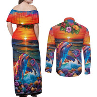Hawaiian Lei Day Couples Matching Off Shoulder Maxi Dress and Long Sleeve Button Shirt Dolphins with Colorful Corals and Romantic Sunset