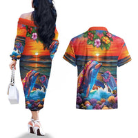 Hawaiian Lei Day Couples Matching Off The Shoulder Long Sleeve Dress and Hawaiian Shirt Dolphins with Colorful Corals and Romantic Sunset