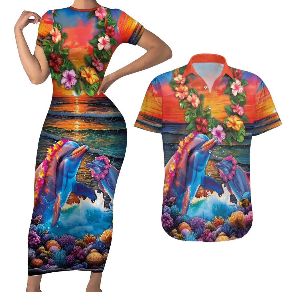 Hawaiian Lei Day Couples Matching Short Sleeve Bodycon Dress and Hawaiian Shirt Dolphins with Colorful Corals and Romantic Sunset