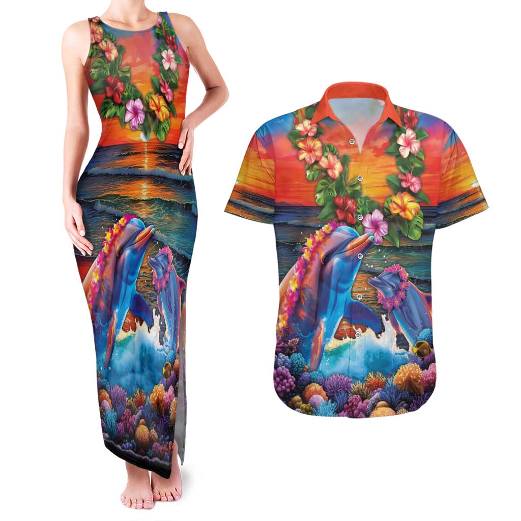 Hawaiian Lei Day Couples Matching Tank Maxi Dress and Hawaiian Shirt Dolphins with Colorful Corals and Romantic Sunset LT03 Orange - Polynesian Pride