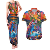Hawaiian Lei Day Couples Matching Tank Maxi Dress and Hawaiian Shirt Dolphins with Colorful Corals and Romantic Sunset LT03 Orange - Polynesian Pride