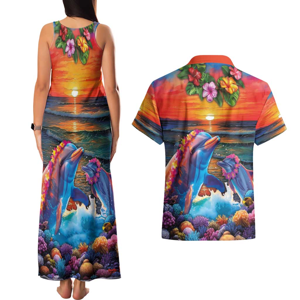 Hawaiian Lei Day Couples Matching Tank Maxi Dress and Hawaiian Shirt Dolphins with Colorful Corals and Romantic Sunset LT03 - Polynesian Pride