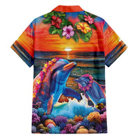 Hawaiian Lei Day Family Matching Long Sleeve Bodycon Dress and Hawaiian Shirt Dolphins with Colorful Corals and Romantic Sunset