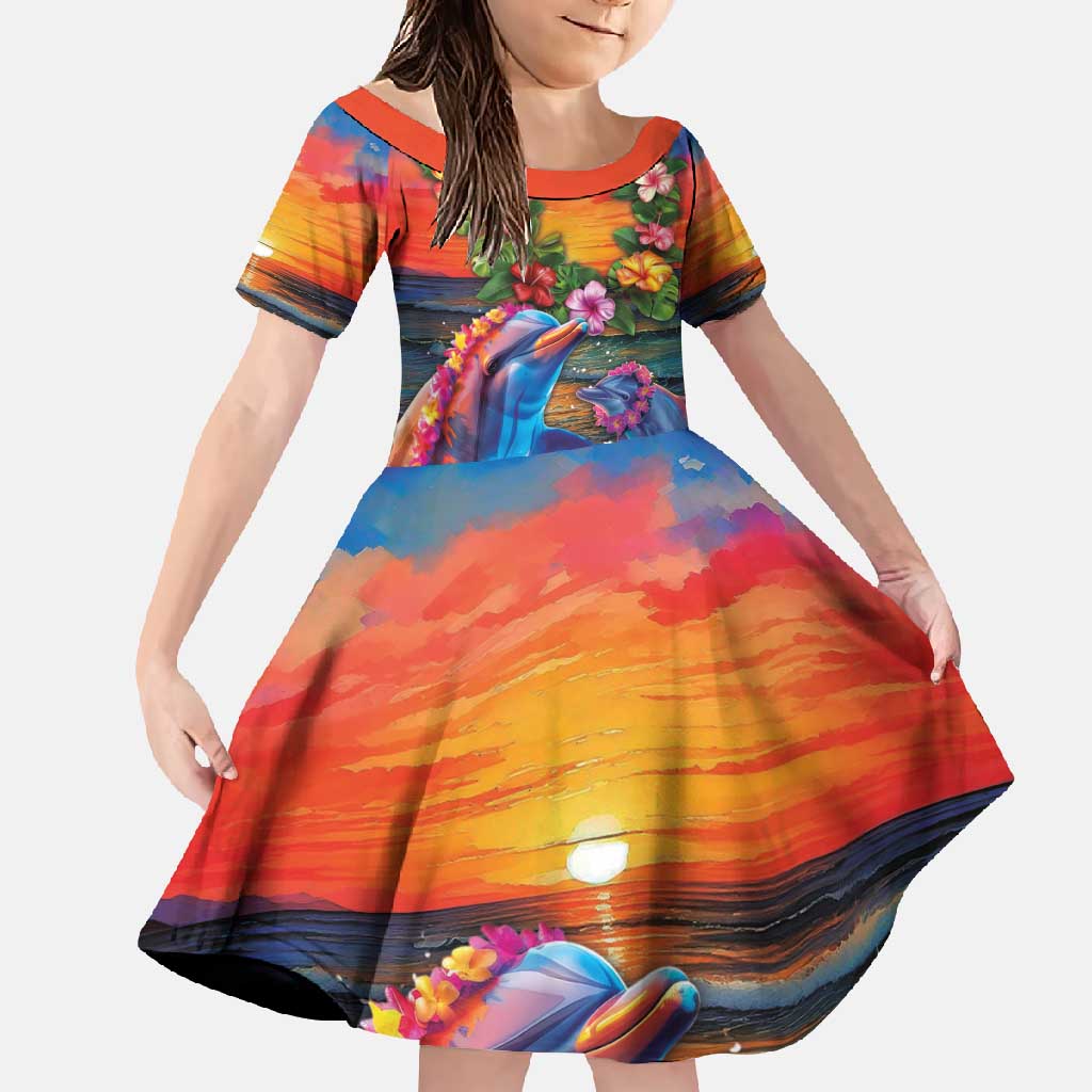 Hawaiian Lei Day Family Matching Mermaid Dress and Hawaiian Shirt Dolphins with Colorful Corals and Romantic Sunset LT03 Daughter's Dress Orange - Polynesian Pride
