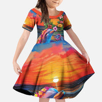 Hawaiian Lei Day Family Matching Mermaid Dress and Hawaiian Shirt Dolphins with Colorful Corals and Romantic Sunset LT03 Daughter's Dress Orange - Polynesian Pride