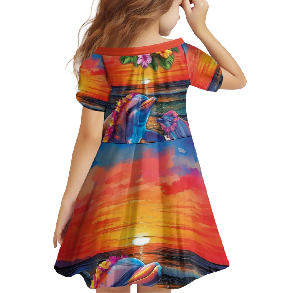 Hawaiian Lei Day Family Matching Mermaid Dress and Hawaiian Shirt Dolphins with Colorful Corals and Romantic Sunset LT03 - Polynesian Pride