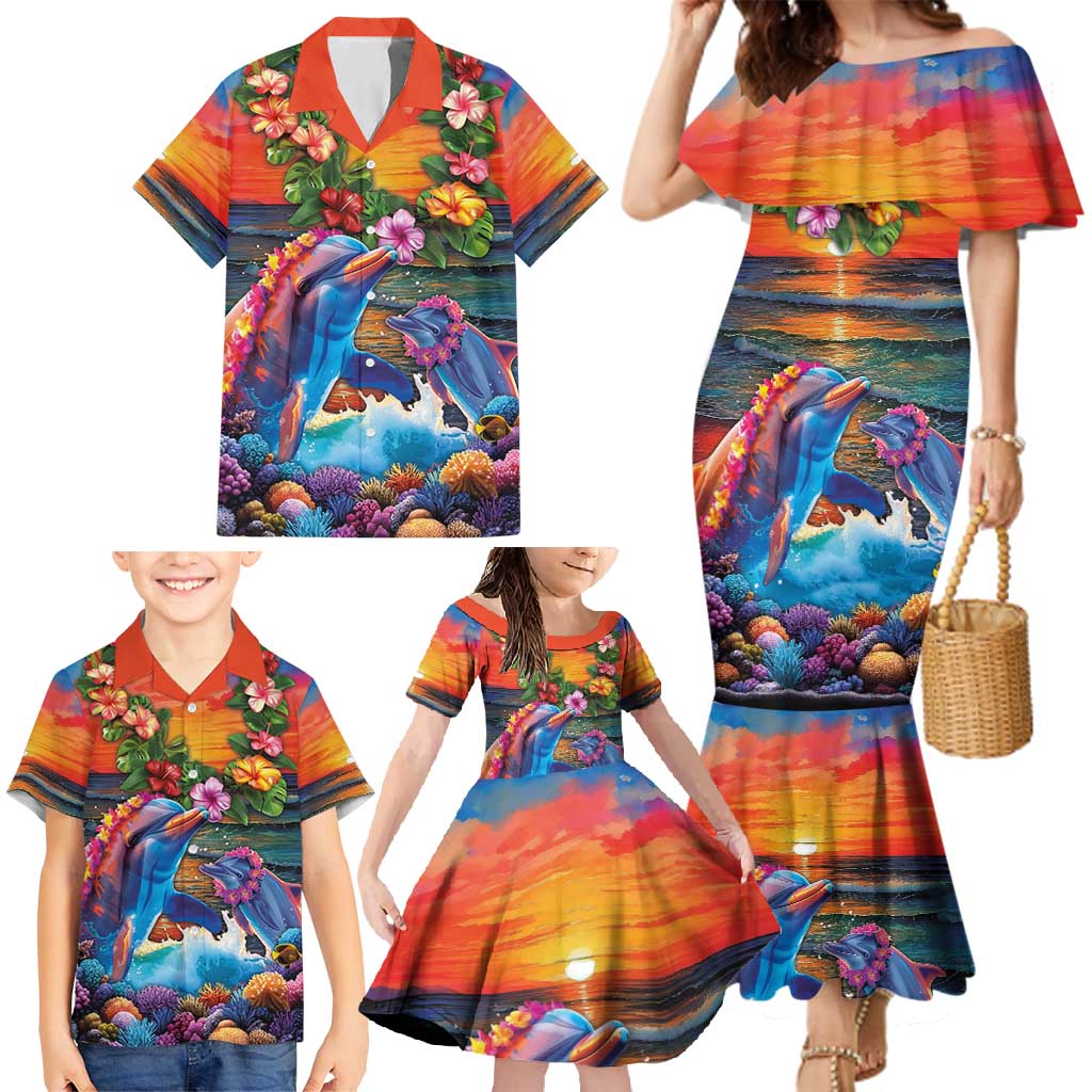 Hawaiian Lei Day Family Matching Mermaid Dress and Hawaiian Shirt Dolphins with Colorful Corals and Romantic Sunset LT03 - Polynesian Pride