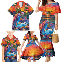 Hawaiian Lei Day Family Matching Mermaid Dress and Hawaiian Shirt Dolphins with Colorful Corals and Romantic Sunset LT03 - Polynesian Pride