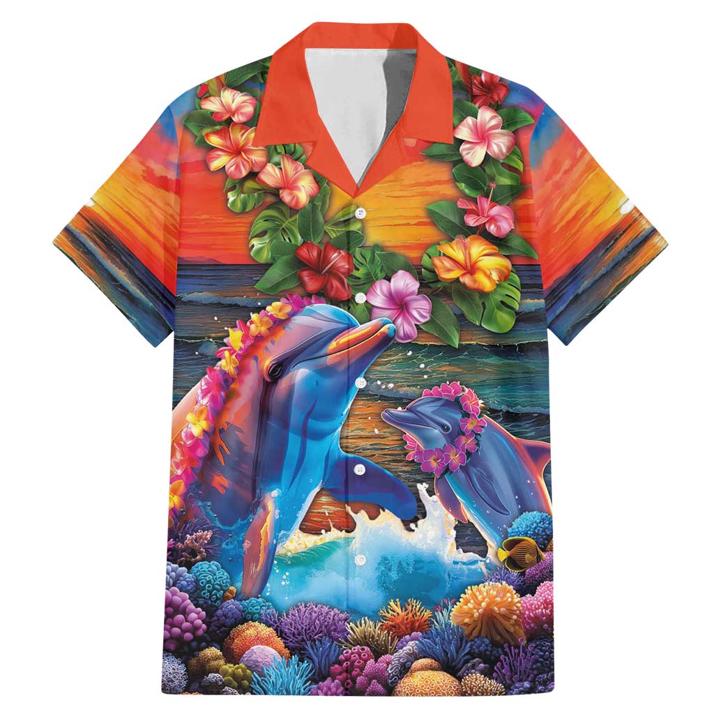 Hawaiian Lei Day Family Matching Mermaid Dress and Hawaiian Shirt Dolphins with Colorful Corals and Romantic Sunset LT03 Dad's Shirt - Short Sleeve Orange - Polynesian Pride