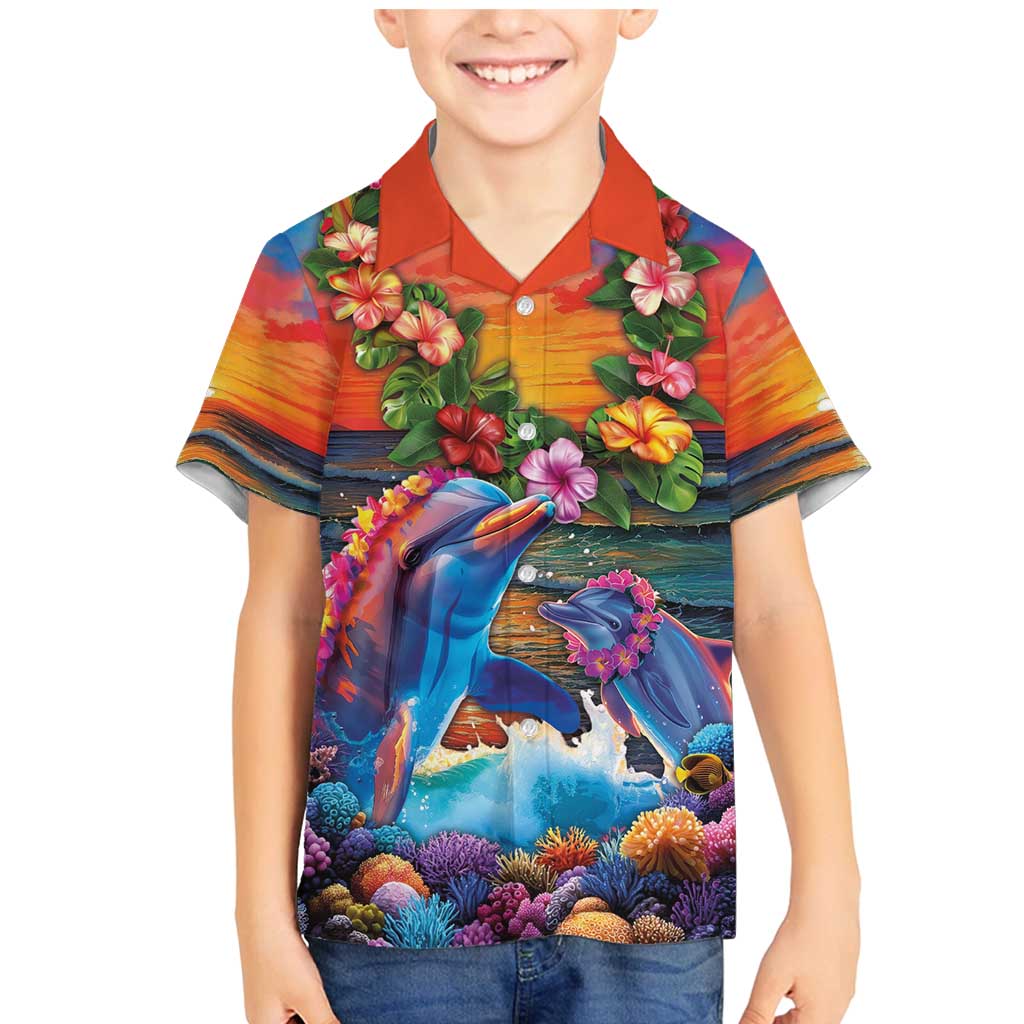 Hawaiian Lei Day Family Matching Mermaid Dress and Hawaiian Shirt Dolphins with Colorful Corals and Romantic Sunset LT03 Son's Shirt Orange - Polynesian Pride
