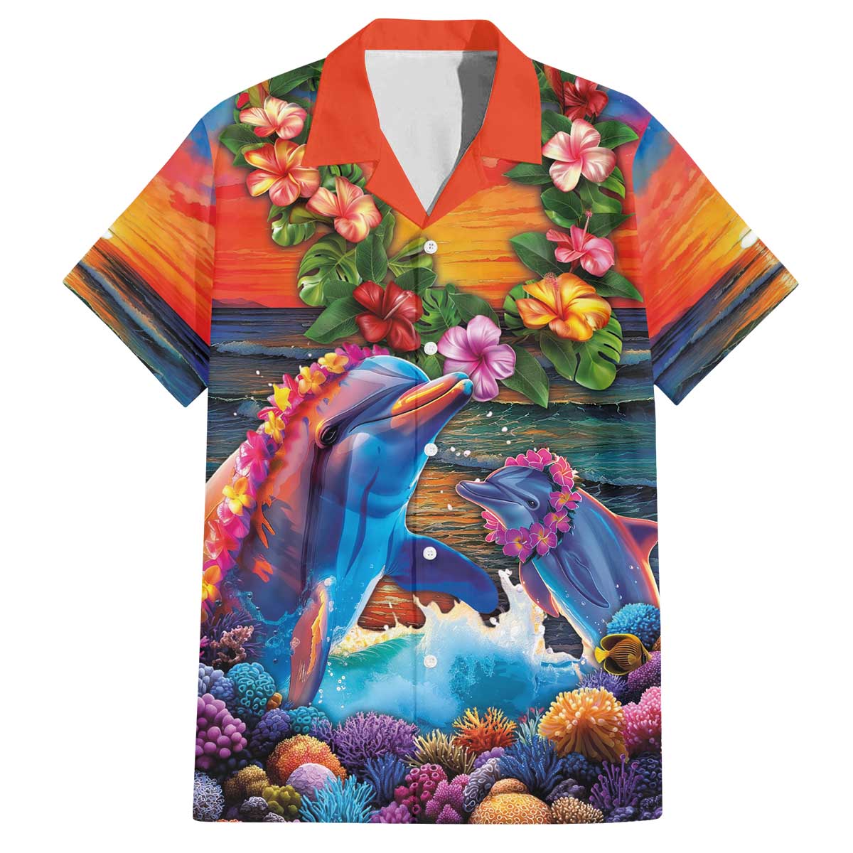 Hawaiian Lei Day Family Matching Off The Shoulder Long Sleeve Dress and Hawaiian Shirt Dolphins with Colorful Corals and Romantic Sunset