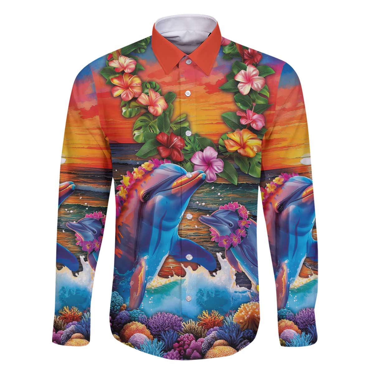 Hawaiian Lei Day Family Matching Off The Shoulder Long Sleeve Dress and Hawaiian Shirt Dolphins with Colorful Corals and Romantic Sunset