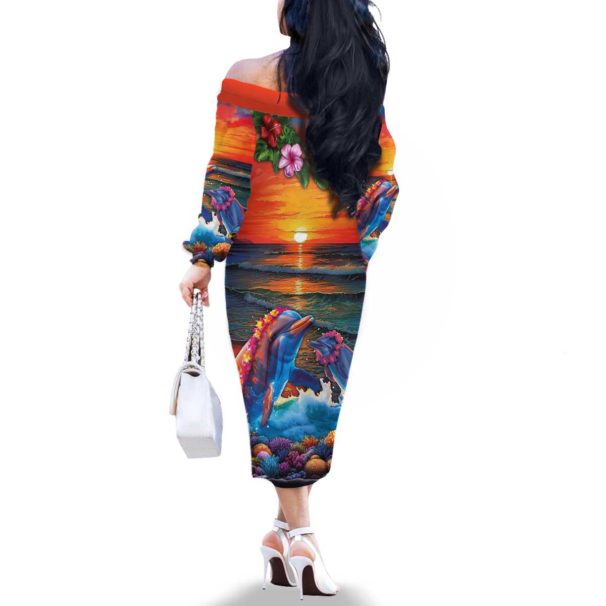 Hawaiian Lei Day Family Matching Off The Shoulder Long Sleeve Dress and Hawaiian Shirt Dolphins with Colorful Corals and Romantic Sunset