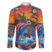 Hawaiian Lei Day Family Matching Off Shoulder Maxi Dress and Hawaiian Shirt Dolphins with Colorful Corals and Romantic Sunset LT03 Dad's Shirt - Long Sleeve Orange - Polynesian Pride