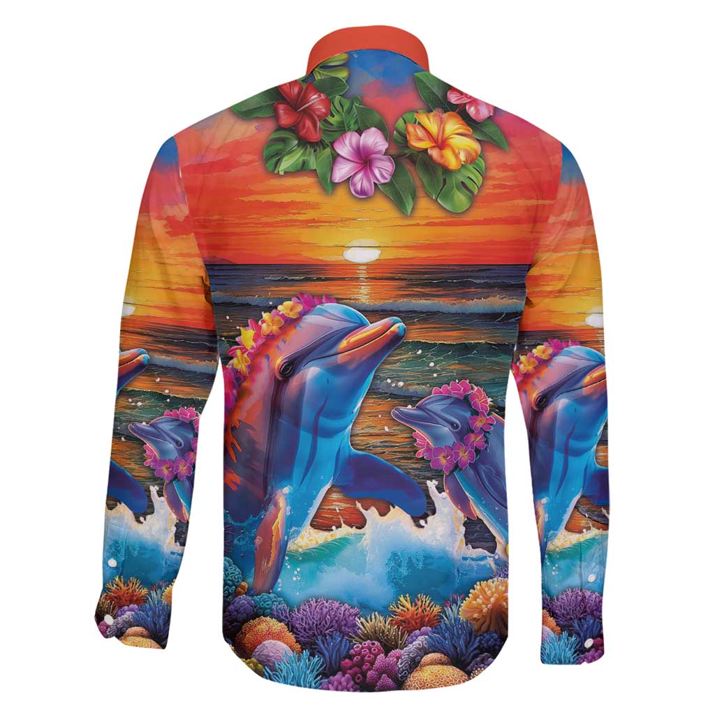 Hawaiian Lei Day Family Matching Off Shoulder Maxi Dress and Hawaiian Shirt Dolphins with Colorful Corals and Romantic Sunset LT03 - Polynesian Pride