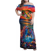 Hawaiian Lei Day Family Matching Off Shoulder Maxi Dress and Hawaiian Shirt Dolphins with Colorful Corals and Romantic Sunset LT03 Mom's Dress Orange - Polynesian Pride
