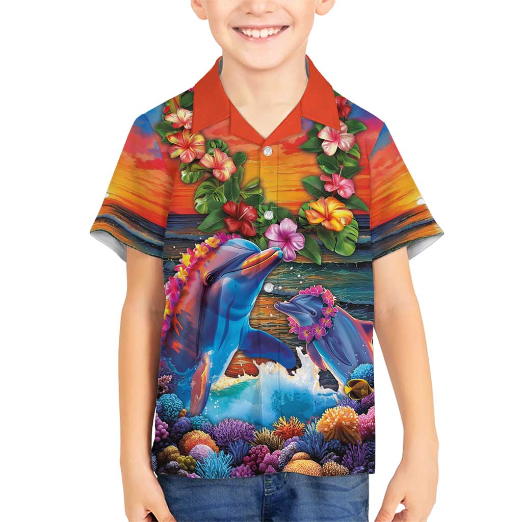 Hawaiian Lei Day Family Matching Off Shoulder Maxi Dress and Hawaiian Shirt Dolphins with Colorful Corals and Romantic Sunset LT03 Son's Shirt Orange - Polynesian Pride