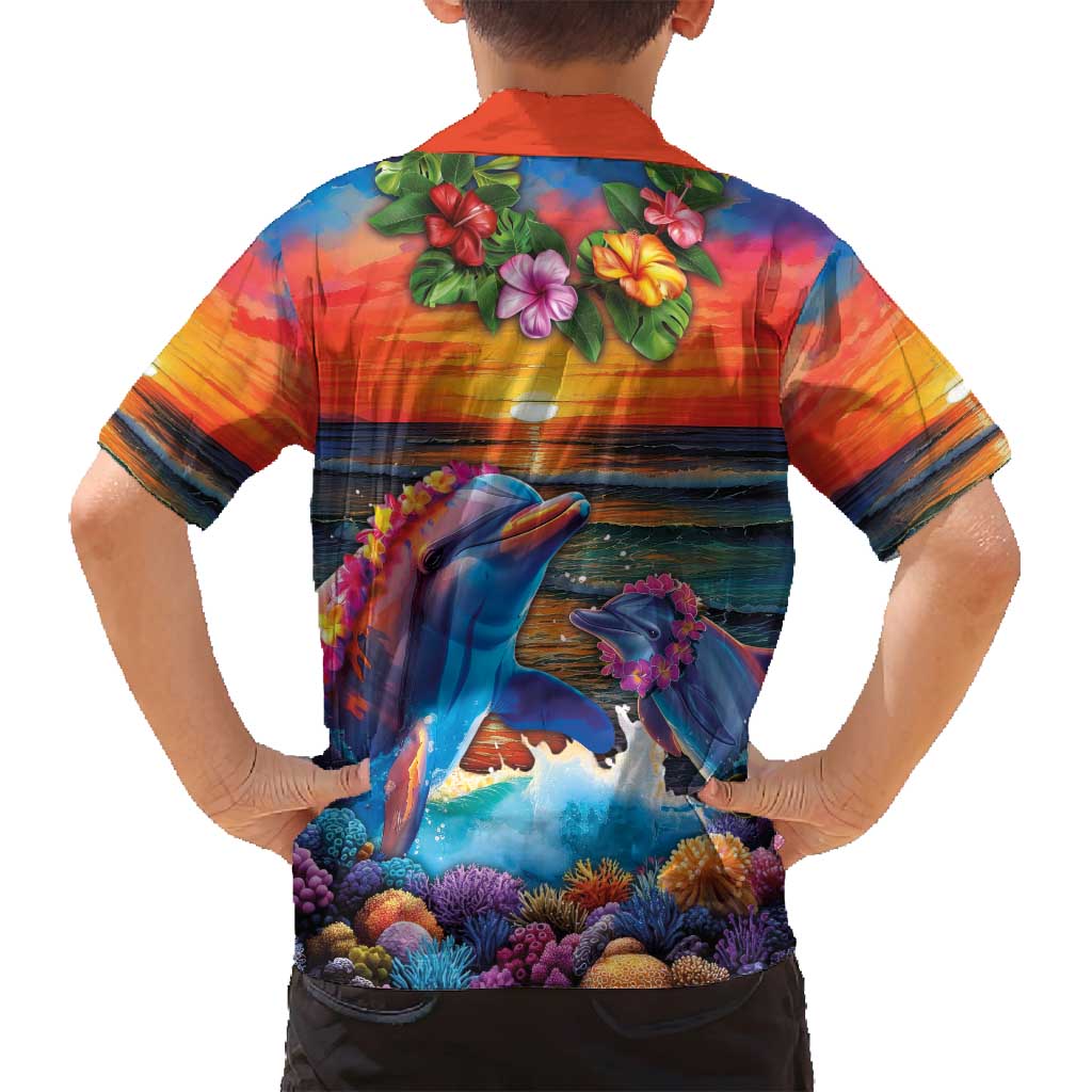 Hawaiian Lei Day Family Matching Puletasi and Hawaiian Shirt Dolphins with Colorful Corals and Romantic Sunset LT03 - Polynesian Pride