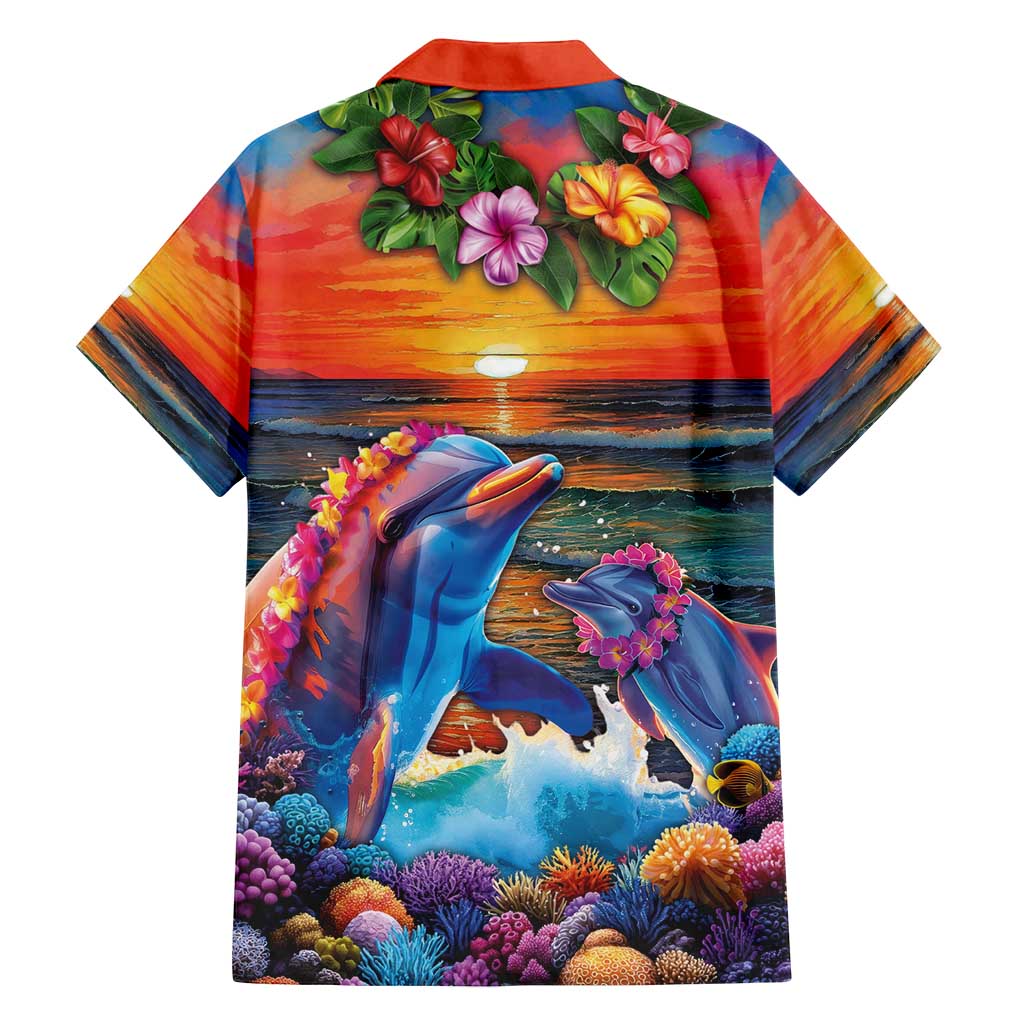 Hawaiian Lei Day Family Matching Puletasi and Hawaiian Shirt Dolphins with Colorful Corals and Romantic Sunset LT03 - Polynesian Pride