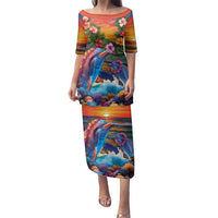 Hawaiian Lei Day Family Matching Puletasi and Hawaiian Shirt Dolphins with Colorful Corals and Romantic Sunset LT03 Mom's Dress Orange - Polynesian Pride