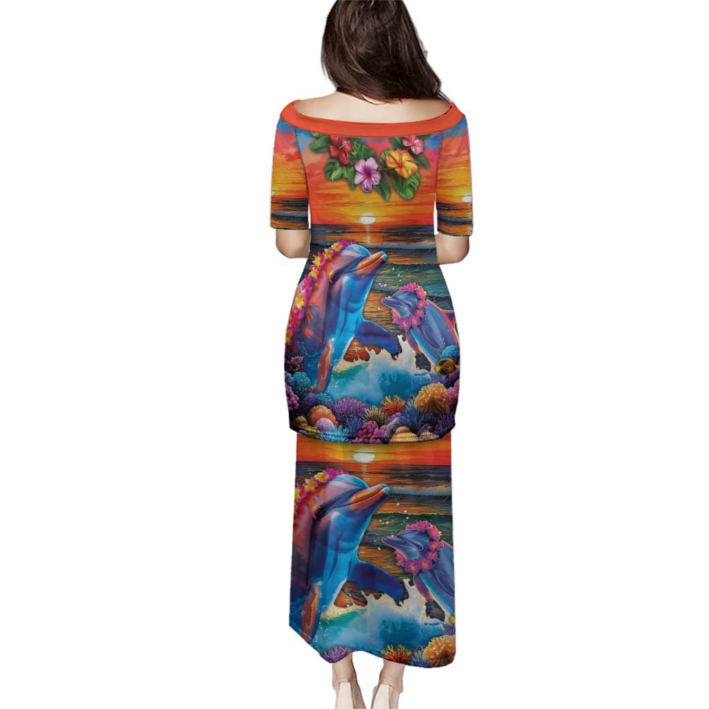 Hawaiian Lei Day Family Matching Puletasi and Hawaiian Shirt Dolphins with Colorful Corals and Romantic Sunset LT03 - Polynesian Pride
