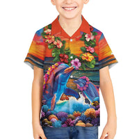 Hawaiian Lei Day Family Matching Puletasi and Hawaiian Shirt Dolphins with Colorful Corals and Romantic Sunset LT03 Son's Shirt Orange - Polynesian Pride