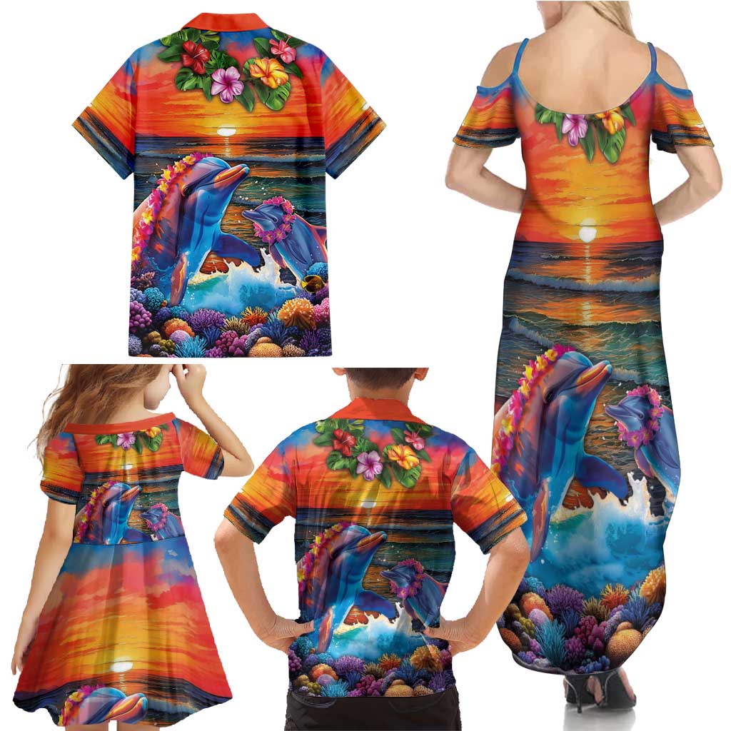 Hawaiian Lei Day Family Matching Summer Maxi Dress and Hawaiian Shirt Dolphins with Colorful Corals and Romantic Sunset