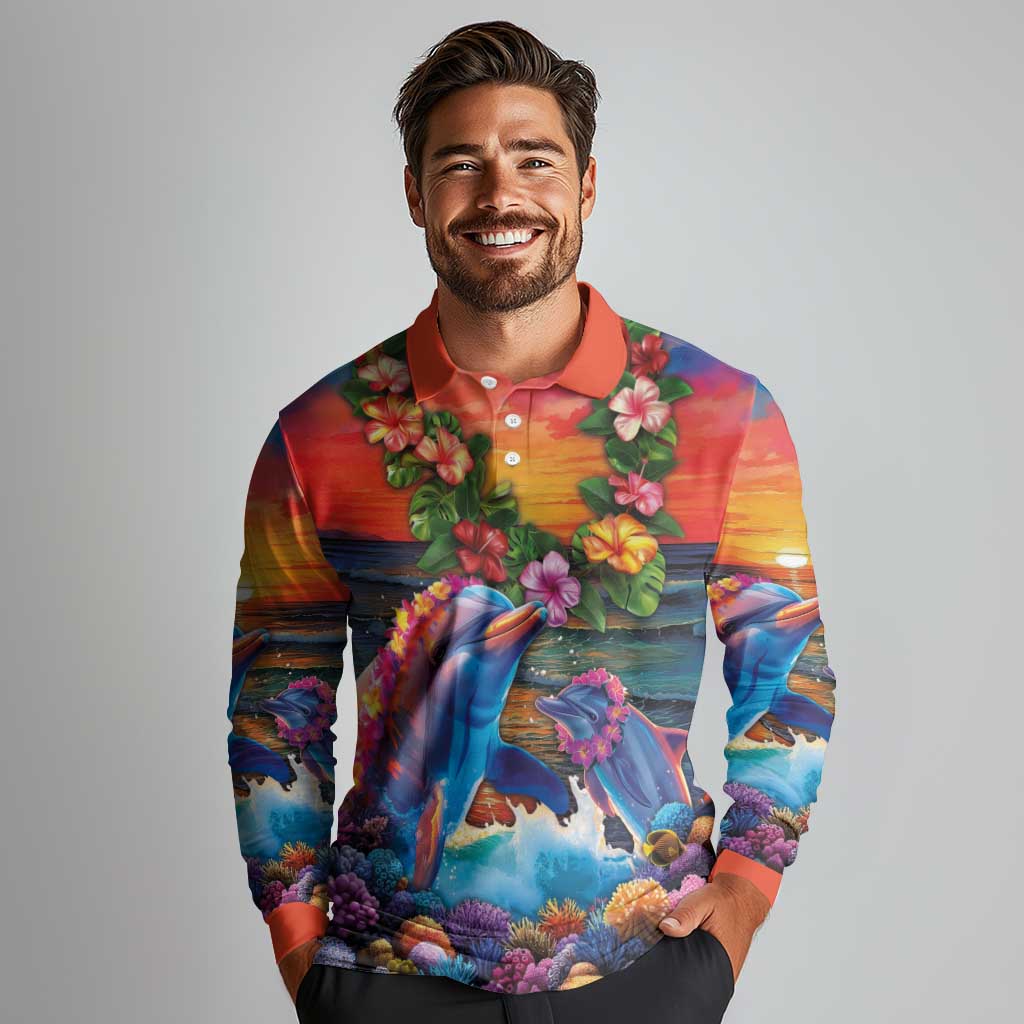 Hawaiian Lei Day Long Sleeve Polo Shirt Dolphins with Colorful Corals and Romantic Sunset