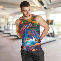 Hawaiian Lei Day Men Tank Top Dolphins with Colorful Corals and Romantic Sunset