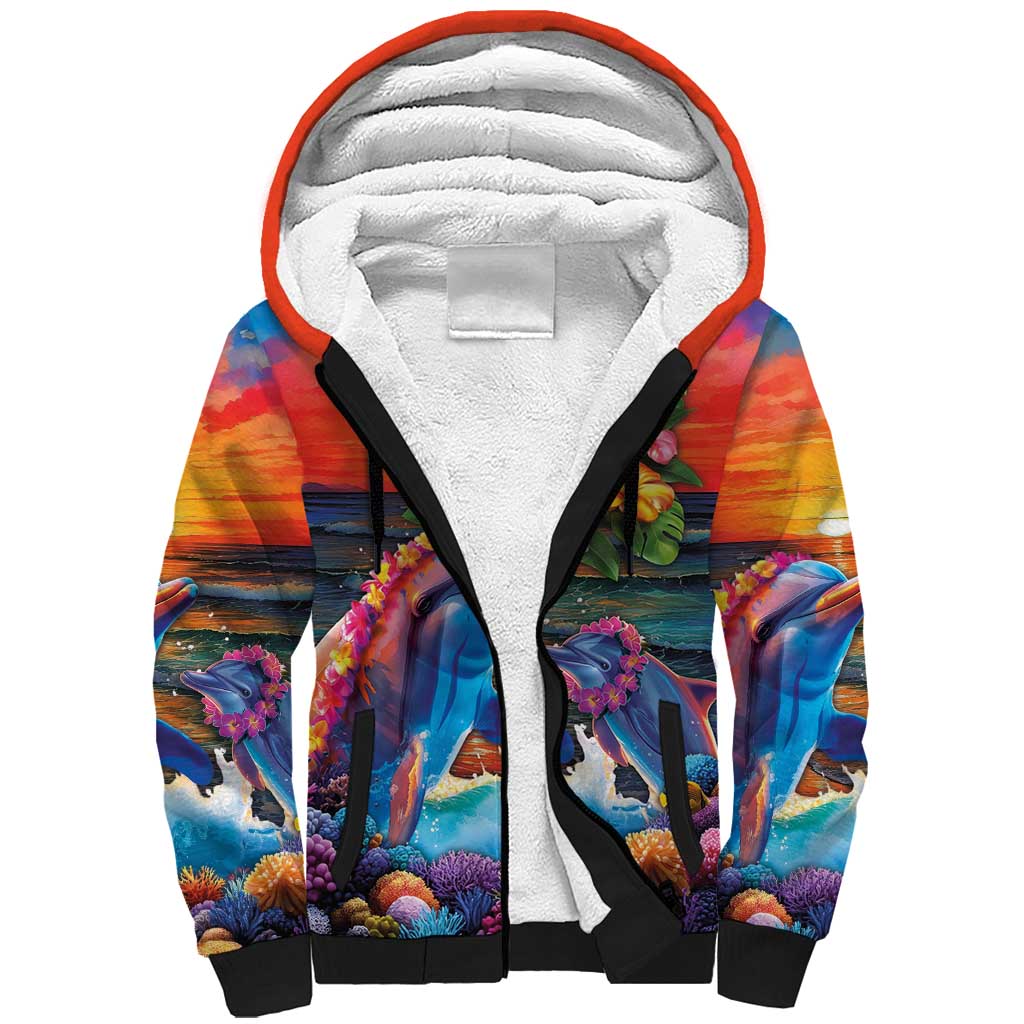 Hawaiian Lei Day Sherpa Hoodie Dolphins with Colorful Corals and Romantic Sunset LT03 Unisex Orange - Polynesian Pride