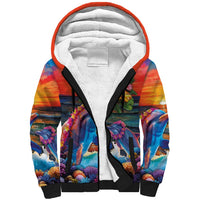 Hawaiian Lei Day Sherpa Hoodie Dolphins with Colorful Corals and Romantic Sunset LT03 Unisex Orange - Polynesian Pride