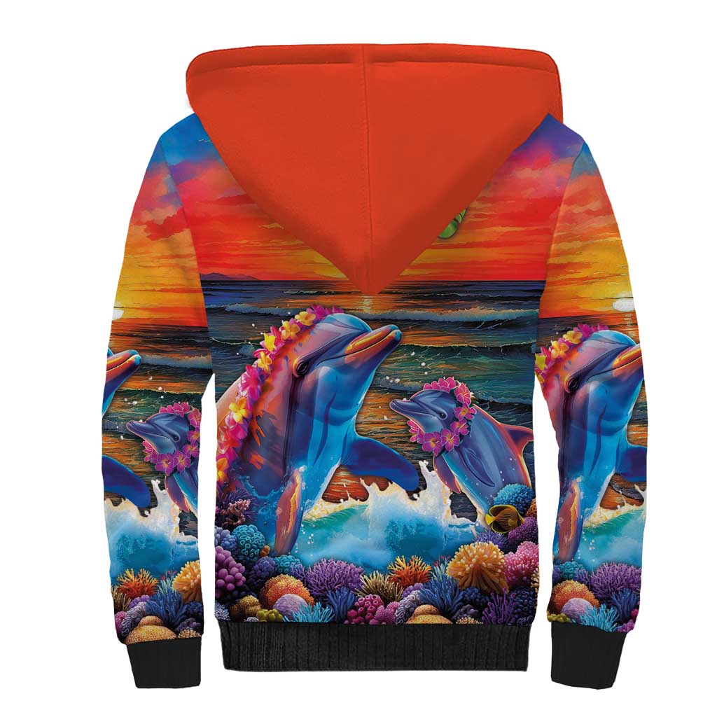 Hawaiian Lei Day Sherpa Hoodie Dolphins with Colorful Corals and Romantic Sunset LT03 - Polynesian Pride