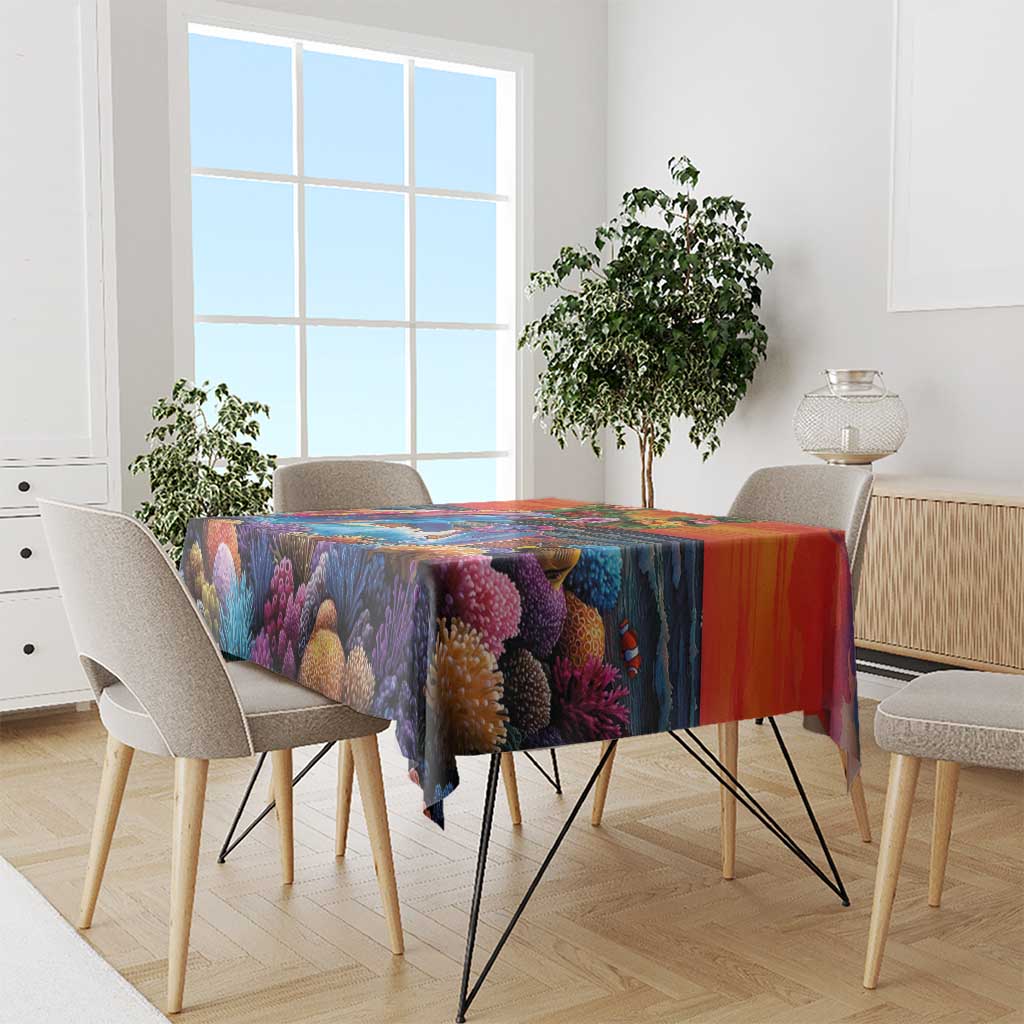 Hawaiian Lei Day Tablecloth Dolphins with Colorful Corals and Romantic Sunset