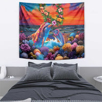 Hawaiian Lei Day Tapestry Dolphins with Colorful Corals and Romantic Sunset LT03 - Polynesian Pride