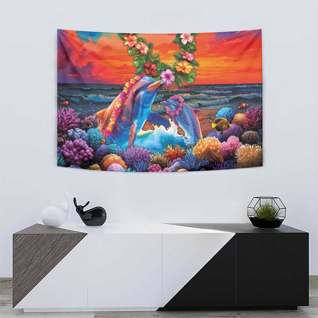 Hawaiian Lei Day Tapestry Dolphins with Colorful Corals and Romantic Sunset LT03 - Polynesian Pride