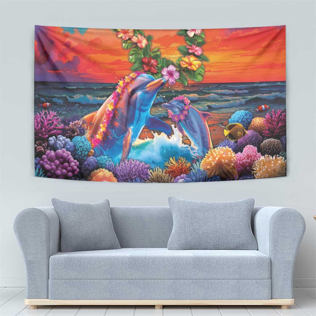 Hawaiian Lei Day Tapestry Dolphins with Colorful Corals and Romantic Sunset LT03 - Polynesian Pride