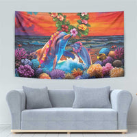 Hawaiian Lei Day Tapestry Dolphins with Colorful Corals and Romantic Sunset LT03 - Polynesian Pride