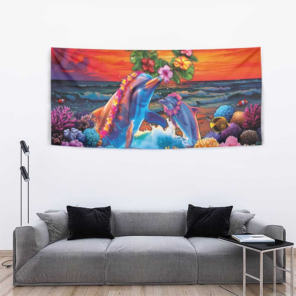 Hawaiian Lei Day Tapestry Dolphins with Colorful Corals and Romantic Sunset LT03 - Polynesian Pride