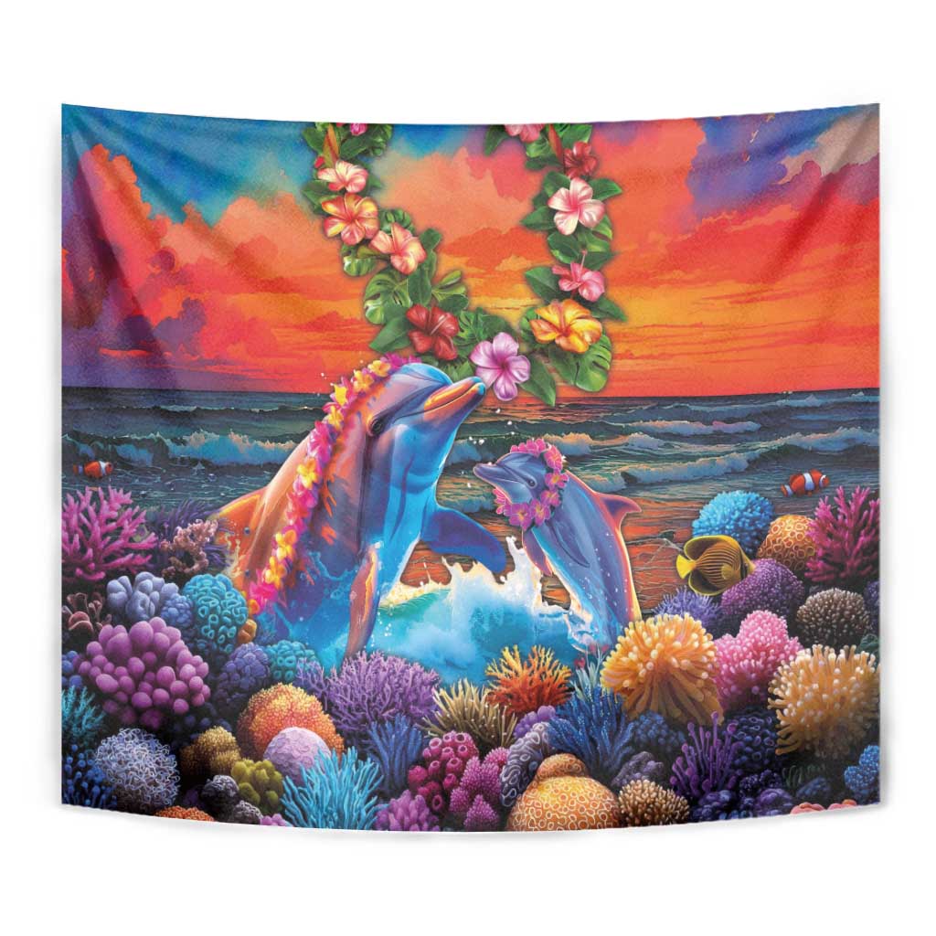 Hawaiian Lei Day Tapestry Dolphins with Colorful Corals and Romantic Sunset LT03 - Polynesian Pride