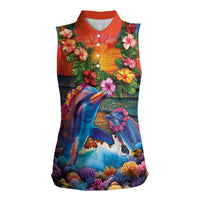 Hawaiian Lei Day Women Sleeveless Polo Shirt Dolphins with Colorful Corals and Romantic Sunset LT03 Female Orange - Polynesian Pride