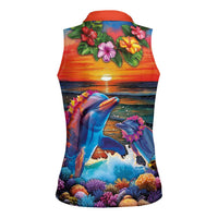 Hawaiian Lei Day Women Sleeveless Polo Shirt Dolphins with Colorful Corals and Romantic Sunset LT03 - Polynesian Pride