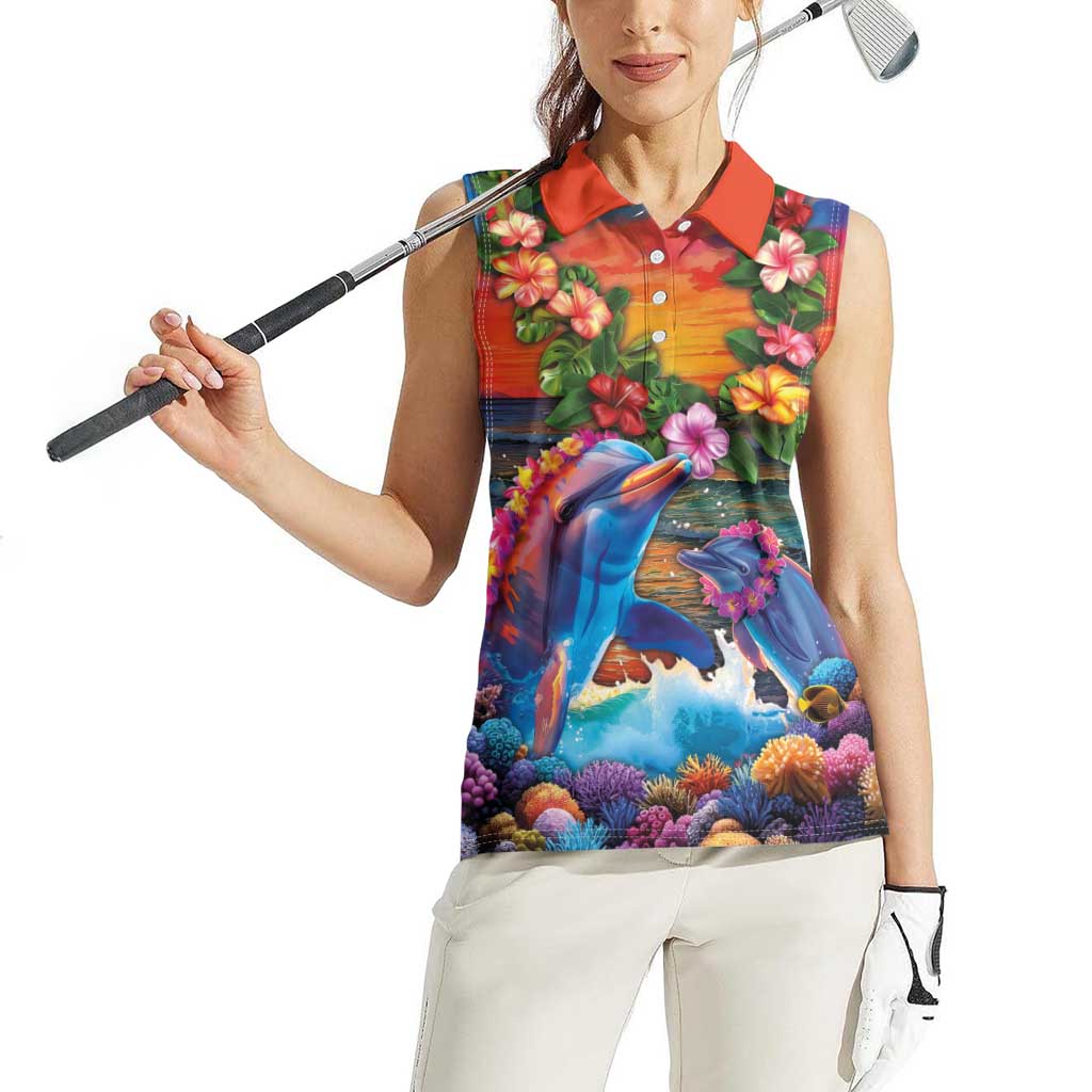 Hawaiian Lei Day Women Sleeveless Polo Shirt Dolphins with Colorful Corals and Romantic Sunset LT03 - Polynesian Pride