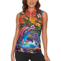 Hawaiian Lei Day Women Sleeveless Polo Shirt Dolphins with Colorful Corals and Romantic Sunset LT03 - Polynesian Pride