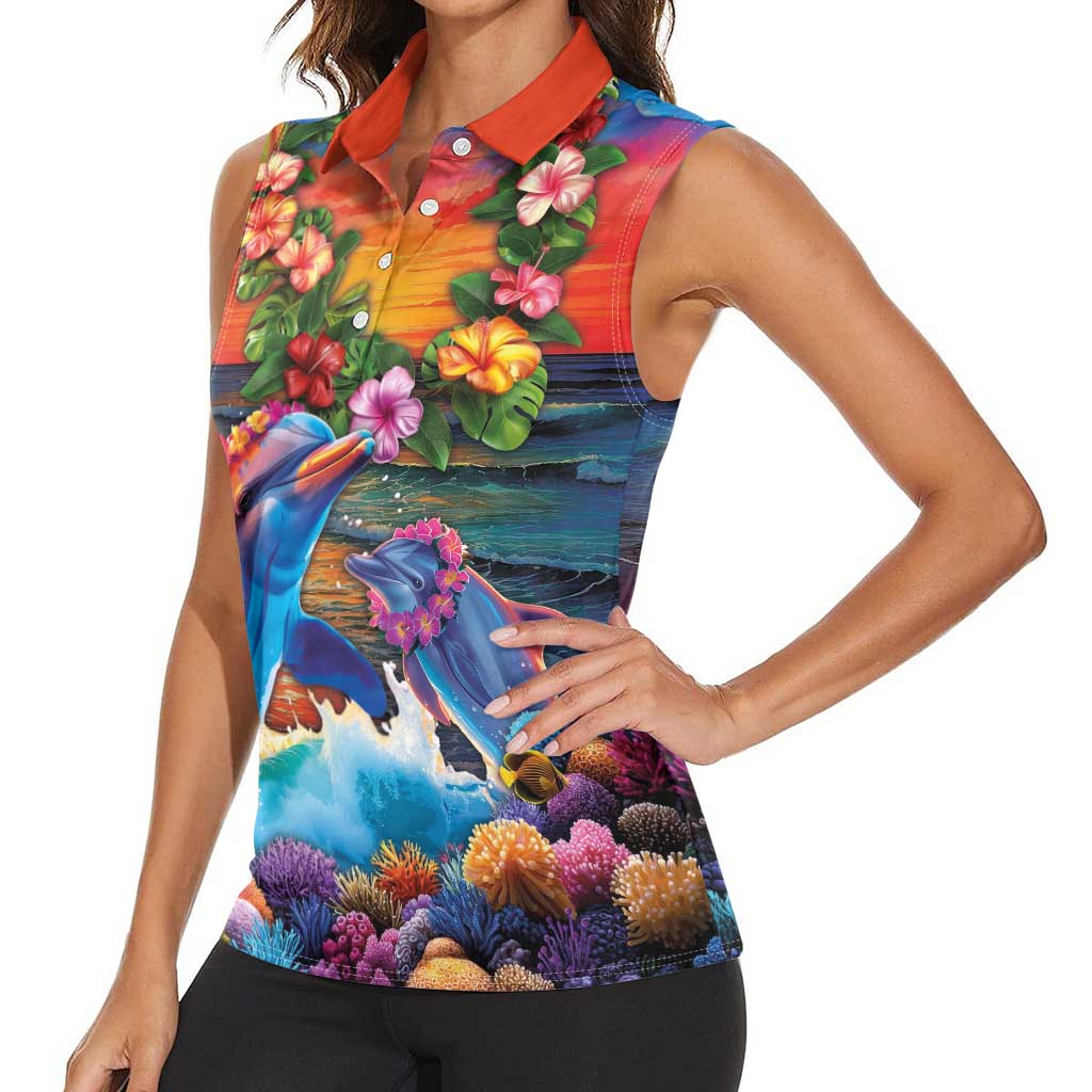 Hawaiian Lei Day Women Sleeveless Polo Shirt Dolphins with Colorful Corals and Romantic Sunset LT03 - Polynesian Pride