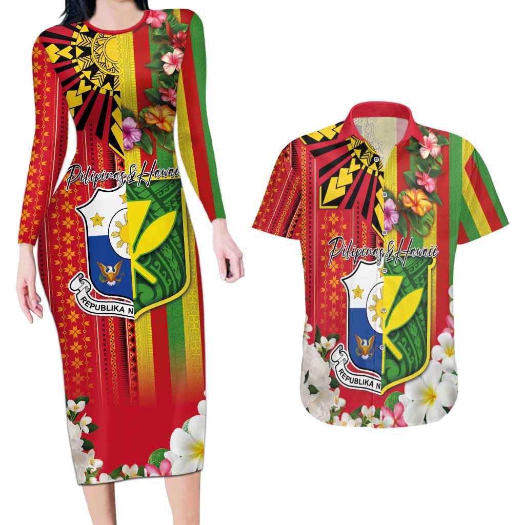 Personalised Hawaii and Philippines Together Couples Matching Long Sleeve Bodycon Dress and Hawaiian Shirt The Emblems with Cultural Symbols Green-Yellow-Red Tricolor