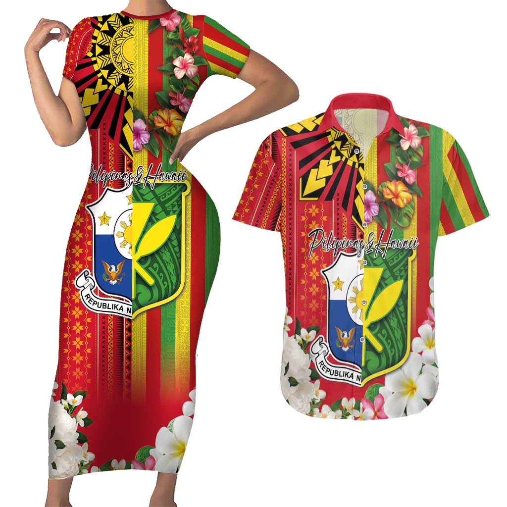 Personalised Hawaii and Philippines Together Couples Matching Short Sleeve Bodycon Dress and Hawaiian Shirt The Emblems with Cultural Symbols Green-Yellow-Red Tricolor
