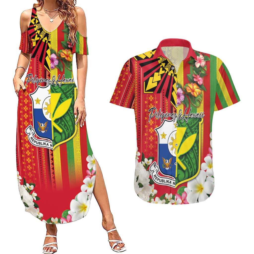 Personalised Hawaii and Philippines Together Couples Matching Summer Maxi Dress and Hawaiian Shirt The Emblems with Cultural Symbols Green-Yellow-Red Tricolor