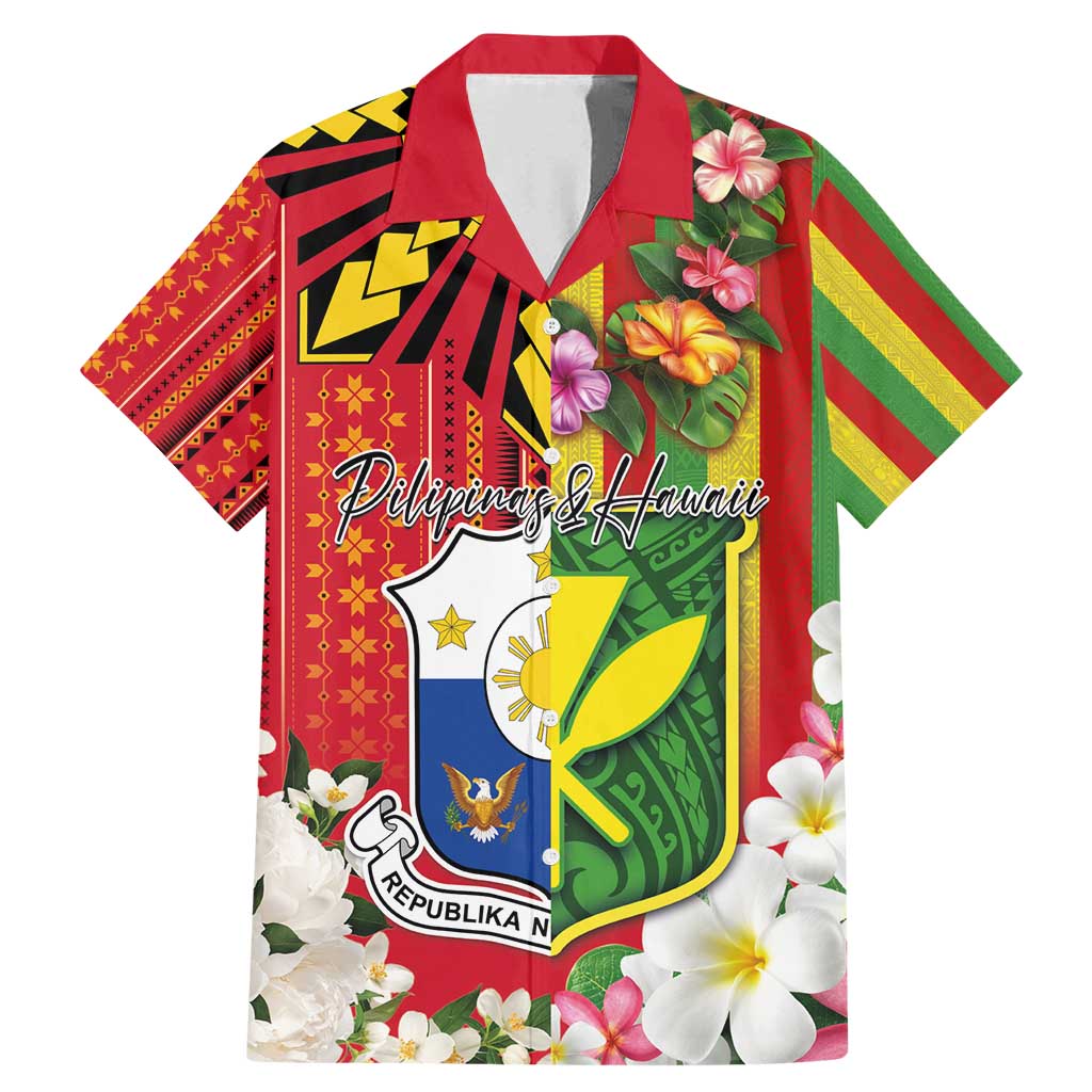 Personalised Hawaii and Philippines Together Family Matching Mermaid Dress and Hawaiian Shirt The Emblems with Cultural Symbols Green-Yellow-Red Tricolor LT03 Dad's Shirt - Short Sleeve Art - Polynesian Pride
