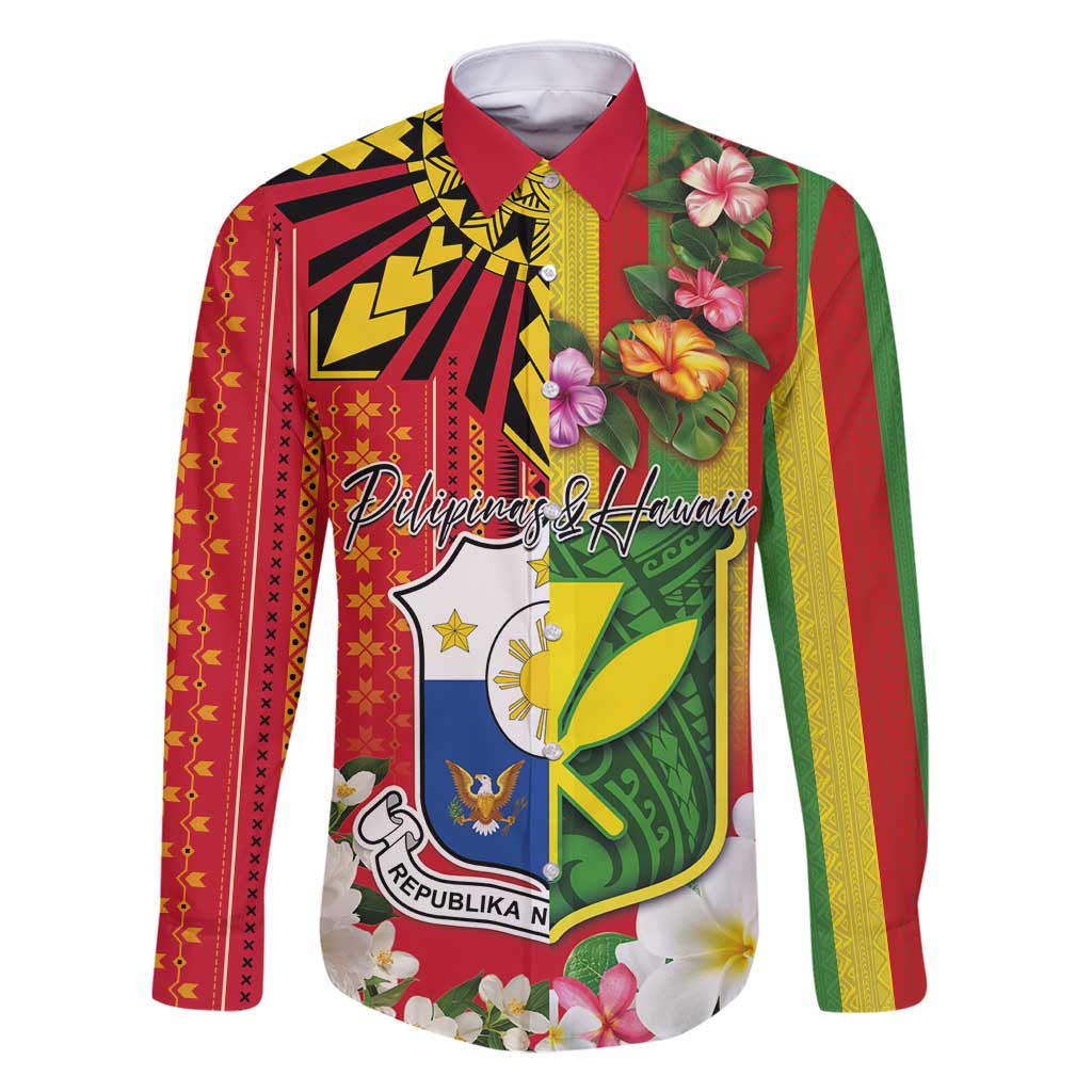 Personalised Hawaii and Philippines Together Family Matching Mermaid Dress and Hawaiian Shirt The Emblems with Cultural Symbols Green-Yellow-Red Tricolor LT03 Dad's Shirt - Long Sleeve Art - Polynesian Pride