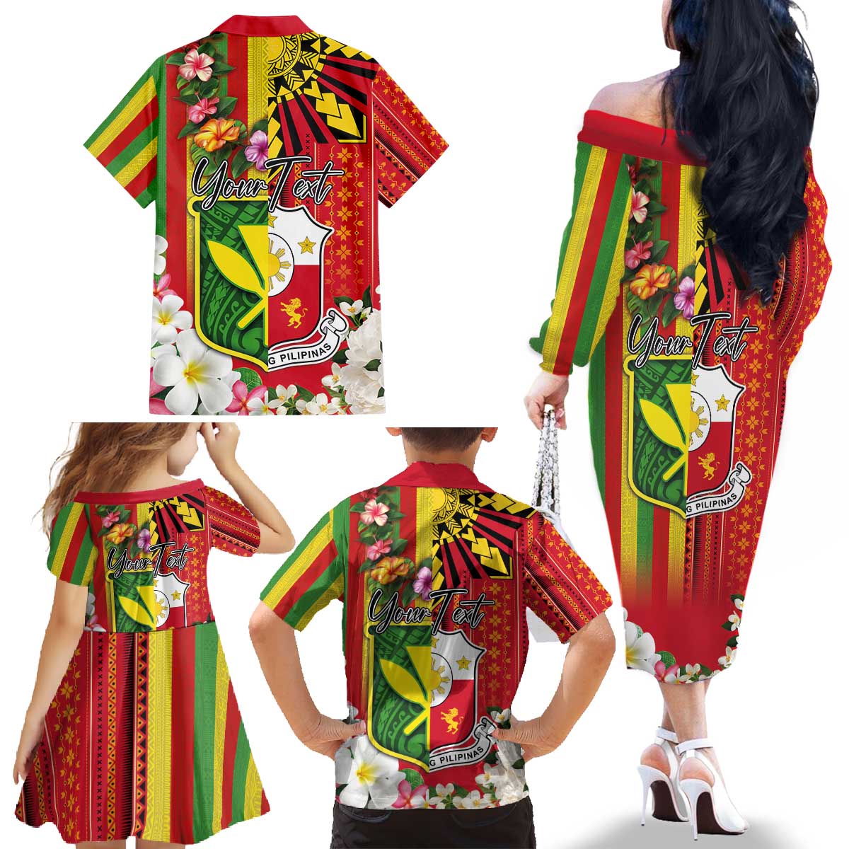 Personalised Hawaii and Philippines Together Family Matching Off The Shoulder Long Sleeve Dress and Hawaiian Shirt The Emblems with Cultural Symbols Green-Yellow-Red Tricolor